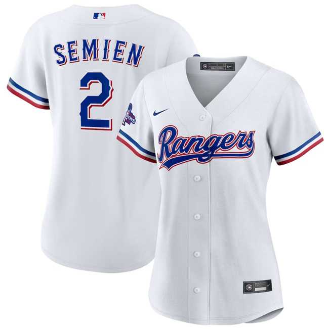 Womens Texas Rangers #2 Marcus Semien White 2023 World Series Champions Stitched Jersey(Run Small) Dzhi